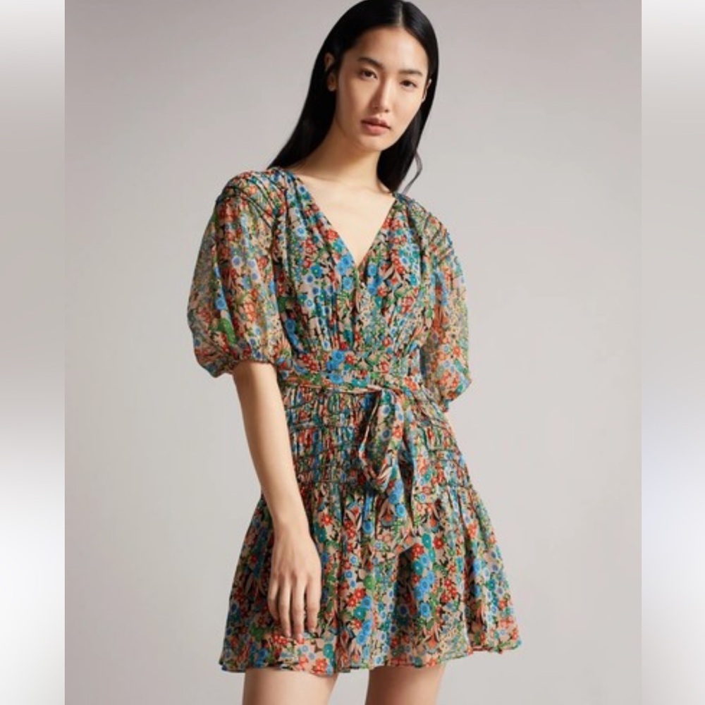 Ted Baker Tiania Smocked Chiffon Wrap Mini Dress Size US 6